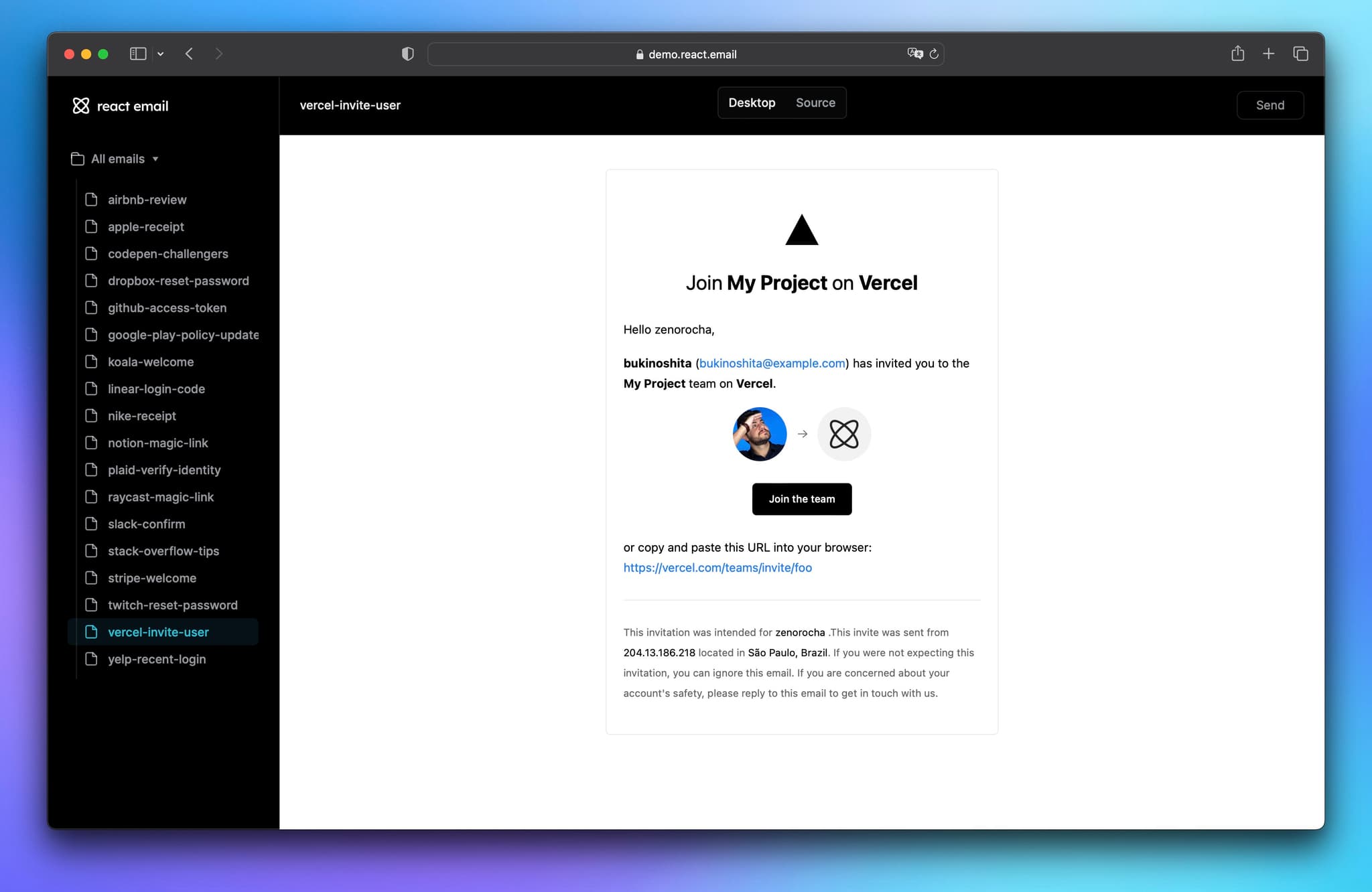 Resend Code Interface Example Using Email Send emails using React and Tailwind CSS · Resend