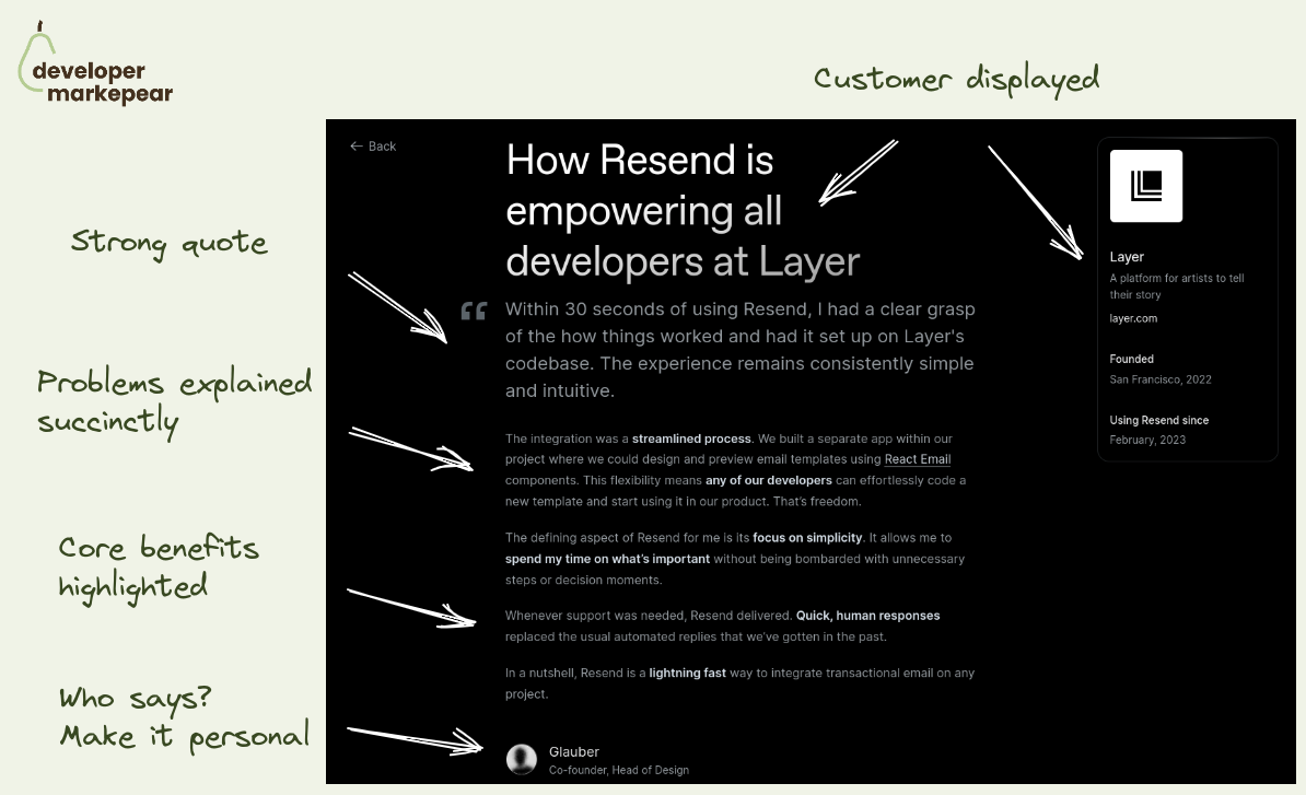 The anatomy of a Resend customer story by Developer Markepear