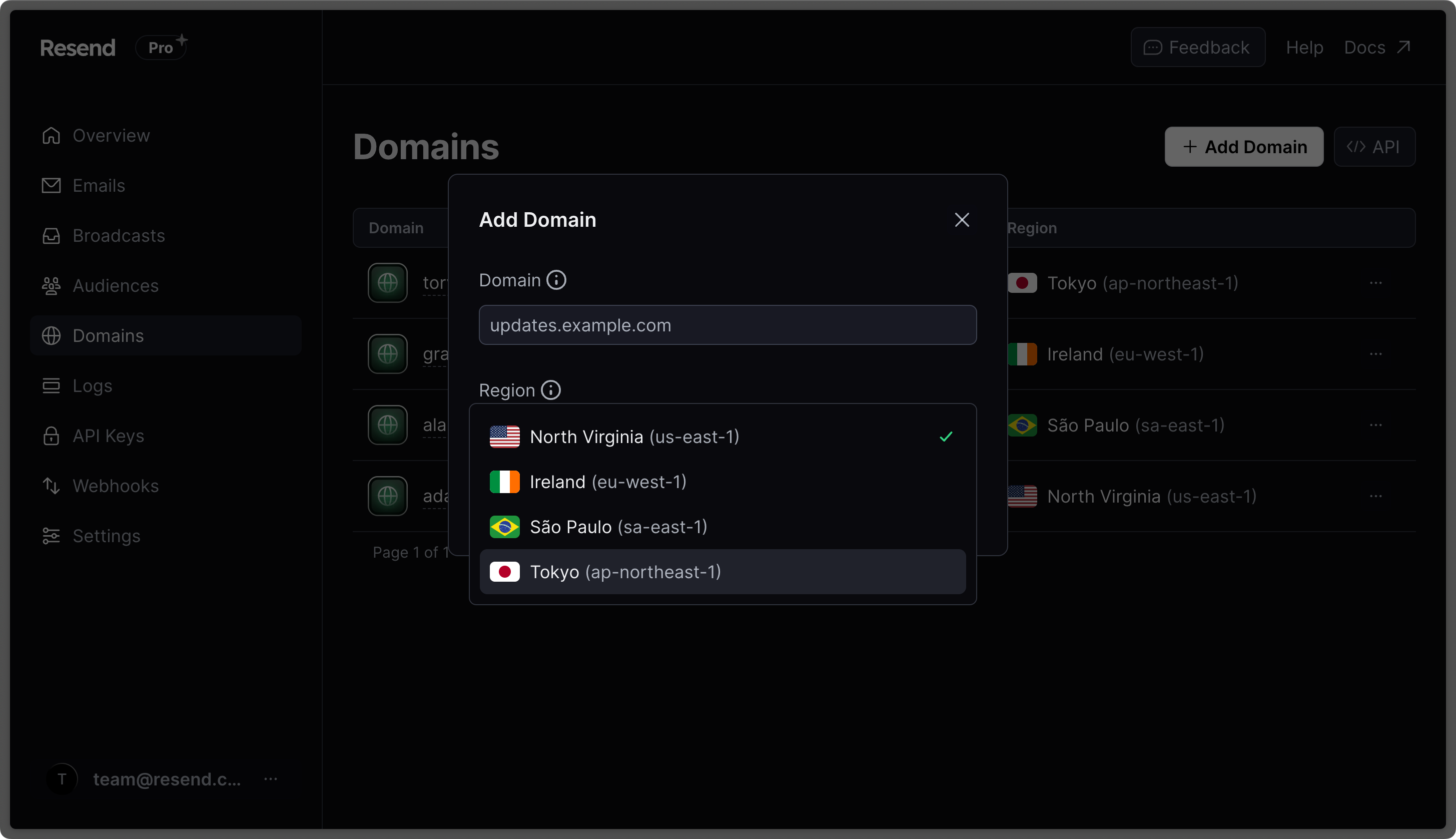 Select a region when adding a domain