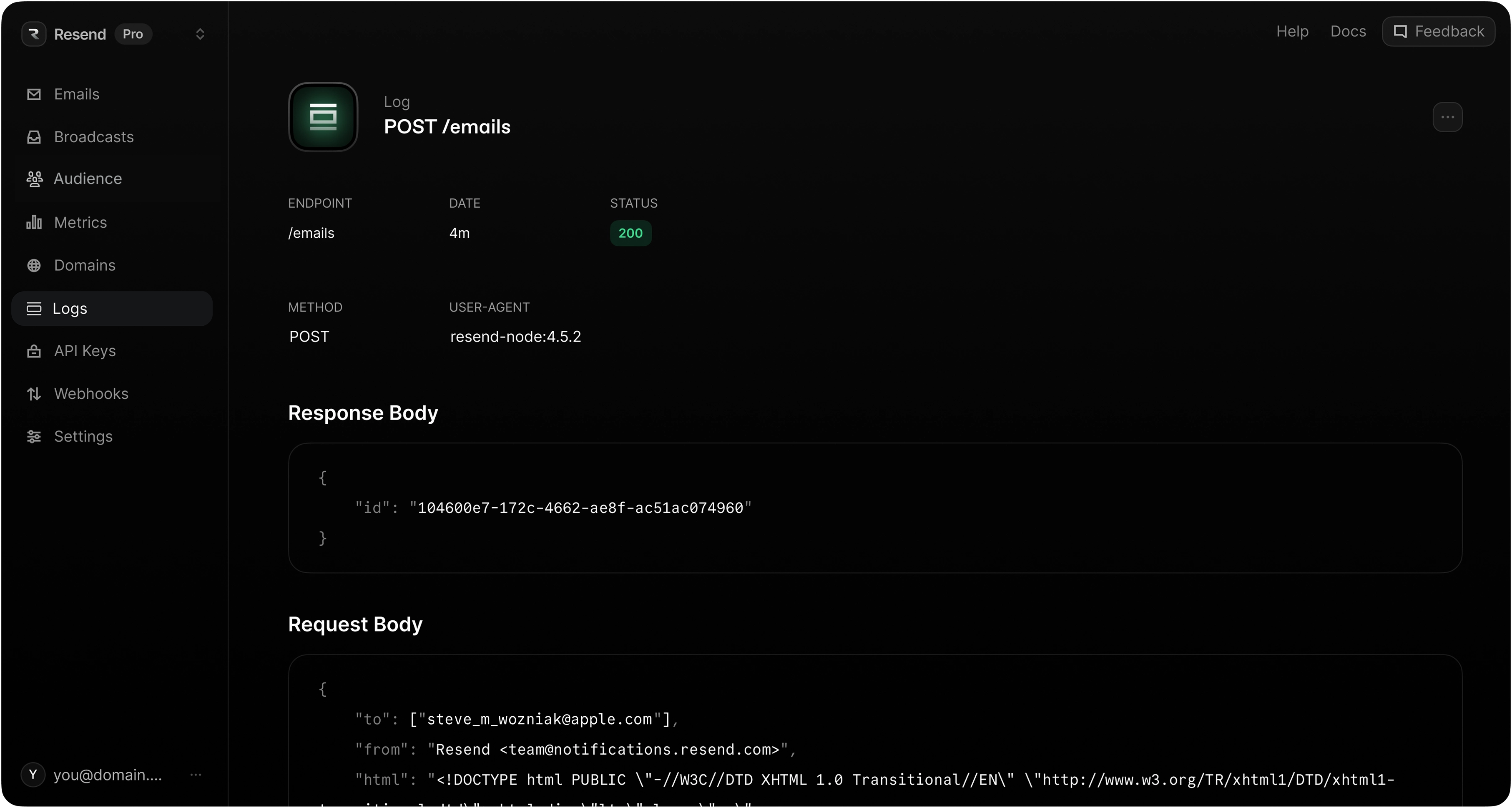 Resend email logs dashboard showing delivery status and request tracking